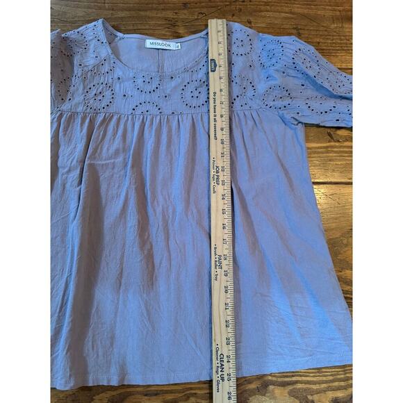 MissLook Gray / Blue Linen Blend Blouse Women's XL Eyelet Detail Ruffle Sleeves - Picture 7 of 11